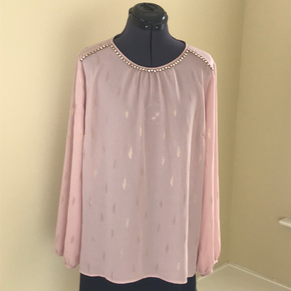 Women’s Blouse, Sz L, pink/gold feathers, NWT